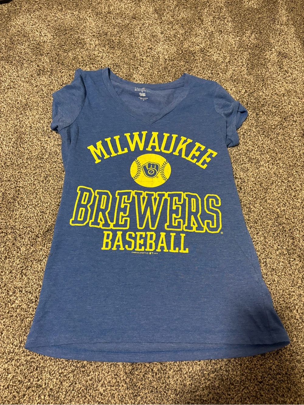 MLB Milwaukee Brewers Blue V-Neck Tee with Yellow Logo